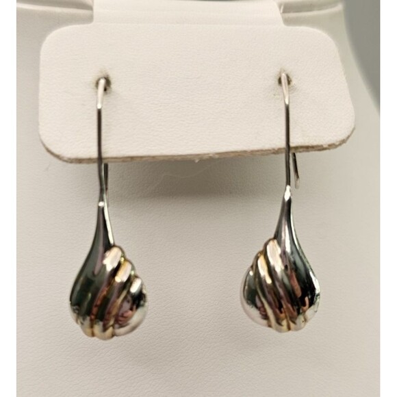 925 Ribbed with Gold Puffy Tear Drop Threader Style Earrings 1 5/8"Lx1/2"W - Picture 2 of 9